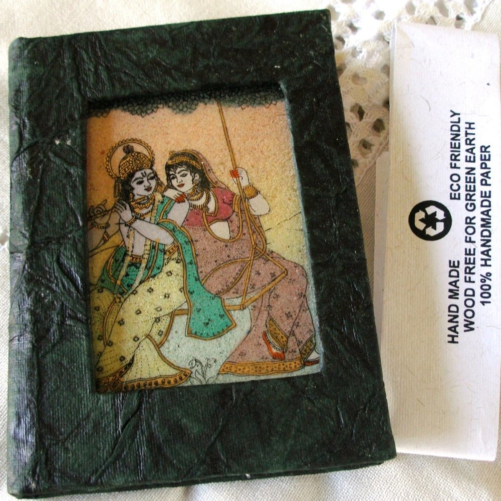 Krishna Crushed Gemstones Painted On Glass Handmade Blank Journal 5" Hindu Deity